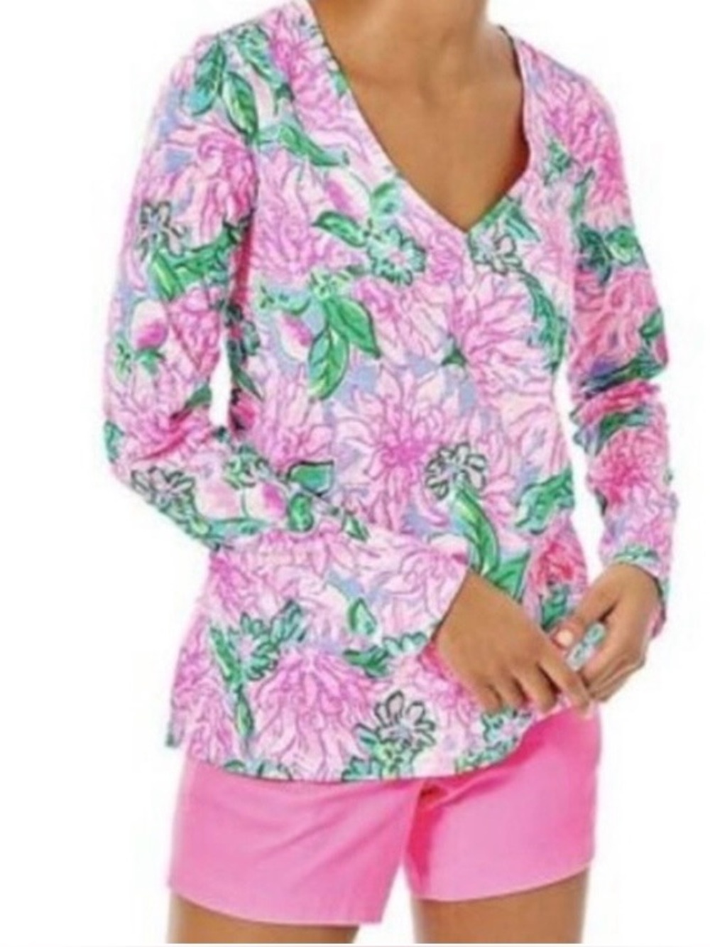 Lilly Pulitzer Pink Floral V-Neck Etta Top in Try Your Zest Print NWOT Crispy